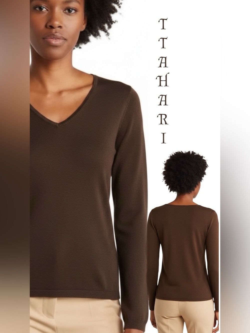 🌼T Tahari Brown V-Neck Long Sleeve Knit Top